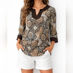 East 5th Women’s XL Tunic Top Brown Beige Black Geometric Print 3/4 Sleeve Linen